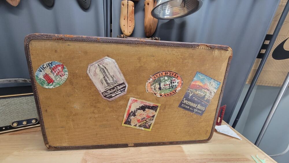 Vintage Antique Suitcase With Travel Sticker Decal Hotel Europe Decorative VTG